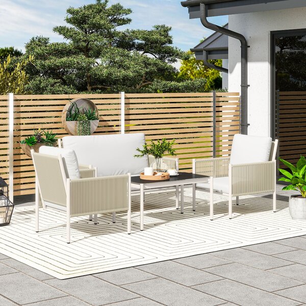 Souprava zahradního nábytku Outsunny z ratanového syntetického materiálu - Lounge set s dvoumístnou pohovkou, křeslem a skleněným stolkem s polštáři -