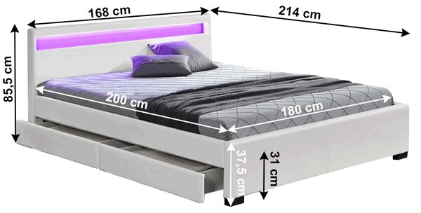 KONDELA Manželská postel s úložným prostorem, RGB LED osvětlení, bílá ekokůže, 160x200, CLARETA