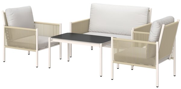 Souprava zahradního nábytku Outsunny z ratanového syntetického materiálu - Lounge set s dvoumístnou pohovkou, křeslem a skleněným stolkem s polštáři -