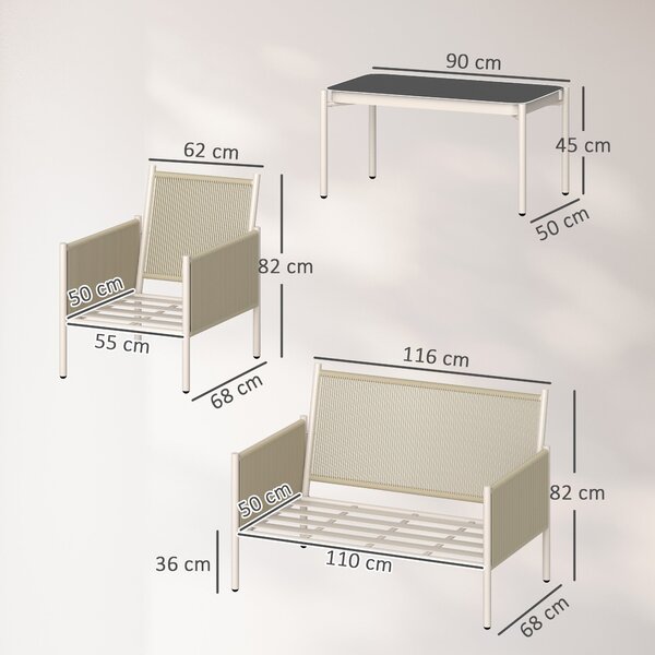 Souprava zahradního nábytku Outsunny z ratanového syntetického materiálu - Lounge set s dvoumístnou pohovkou, křeslem a skleněným stolkem s polštáři -