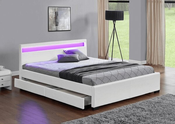 KONDELA Manželská postel s úložným prostorem, RGB LED osvětlení, bílá ekokůže, 160x200, CLARETA