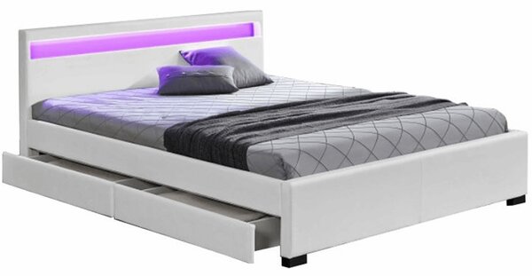 KONDELA Manželská postel s úložným prostorem, RGB LED osvětlení, bílá ekokůže, 160x200, CLARETA