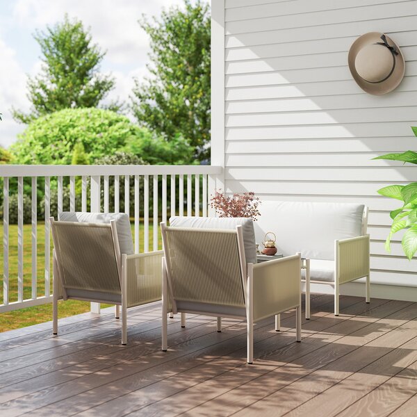 Souprava zahradního nábytku Outsunny z ratanového syntetického materiálu - Lounge set s dvoumístnou pohovkou, křeslem a skleněným stolkem s polštáři -