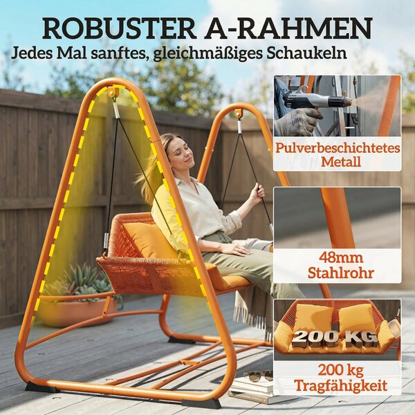 Outsunny Terrakota dvojmístná houpačka Hollywood s polštáři — závěsné lehátko na kovovém A-rámu pro zahradu, terasu a balkon (174 × 120 × 162 cm) | Ao