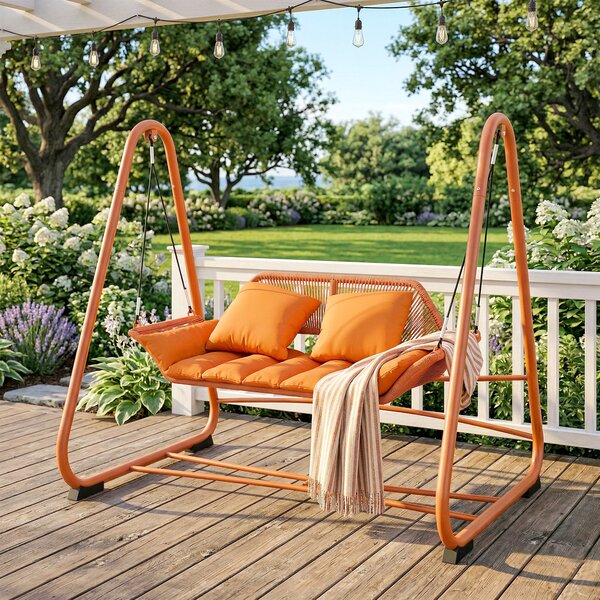 Outsunny Terrakota dvojmístná houpačka Hollywood s polštáři — závěsné lehátko na kovovém A-rámu pro zahradu, terasu a balkon (174 × 120 × 162 cm) | Ao