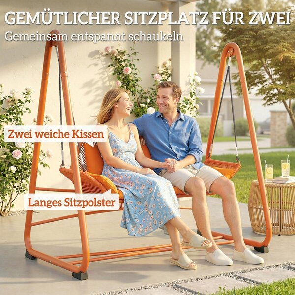 Outsunny Terrakota dvojmístná houpačka Hollywood s polštáři — závěsné lehátko na kovovém A-rámu pro zahradu, terasu a balkon (174 × 120 × 162 cm) | Ao