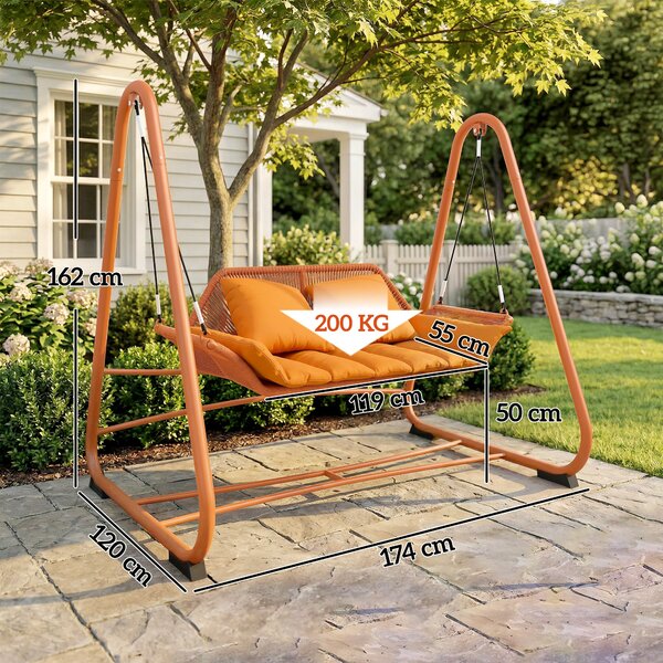 Outsunny Terrakota dvojmístná houpačka Hollywood s polštáři — závěsné lehátko na kovovém A-rámu pro zahradu, terasu a balkon (174 × 120 × 162 cm) | Ao