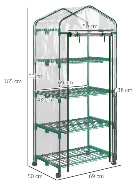 Mini skleník Outsunny s rolovacími dveřmi, policemi, zimní ocelový skleník, skleník na balkon, zahradu, dům na rajčata 69 x 50 x 165 cm, skleník na ra