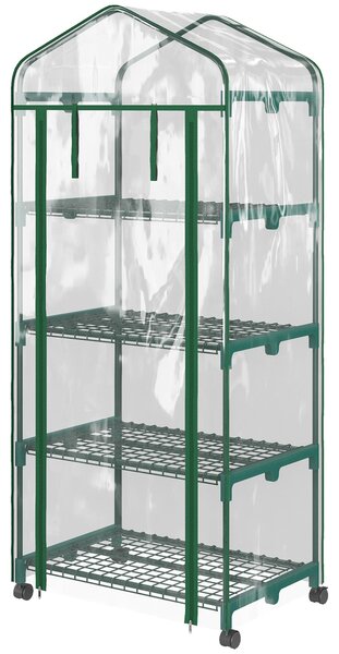 Mini skleník Outsunny s rolovacími dveřmi, policemi, zimní ocelový skleník, skleník na balkon, zahradu, dům na rajčata 69 x 50 x 165 cm, skleník na ra
