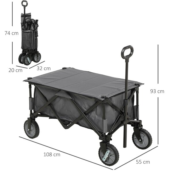 Skládací vozík Outsunny, ruční vozík s koly, brzdami, praktickou taškou, 125L přepravní vozík s nosností až 120kg, XXL užitkový vozík, zahradní vozík