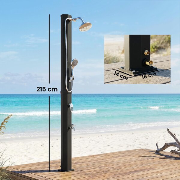 Outsunny solární zahradní sprcha 35 l — ochrana proti zamrznutí, dvojité dešťové hlavice, nožní kohoutek, max. teplota vody 60 °C, pro bazény a kempov