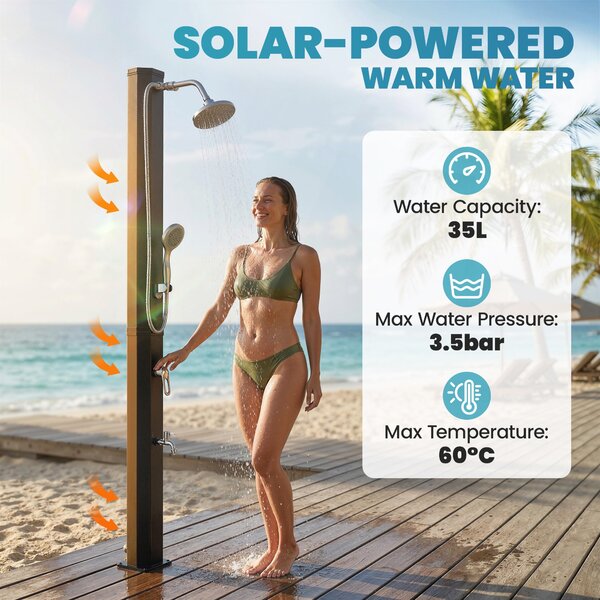 Outsunny solární zahradní sprcha 35 l — ochrana proti zamrznutí, dvojité dešťové hlavice, nožní kohoutek, max. teplota vody 60 °C, pro bazény a kempov