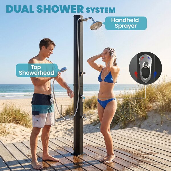 Outsunny solární zahradní sprcha 35 l — ochrana proti zamrznutí, dvojité dešťové hlavice, nožní kohoutek, max. teplota vody 60 °C, pro bazény a kempov