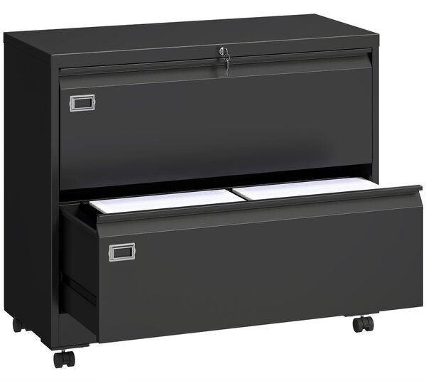 HOMCOM pojízdná zamykatelná skříňka na dokumenty, 2 zásuvky, nastavitelné závěsné lišty, černá, 90 × 40 × 77,4 cm | Aosom