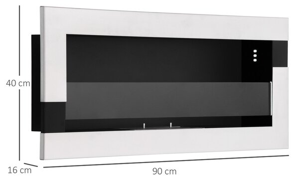 HOMCOM Nástěnný Bioethanol Krb z Nerezové Oceli s Hořením 2,5h, 1L Nádrž a Kryt pro 20m², 90x16x40cm, Stříbrný | Aosom