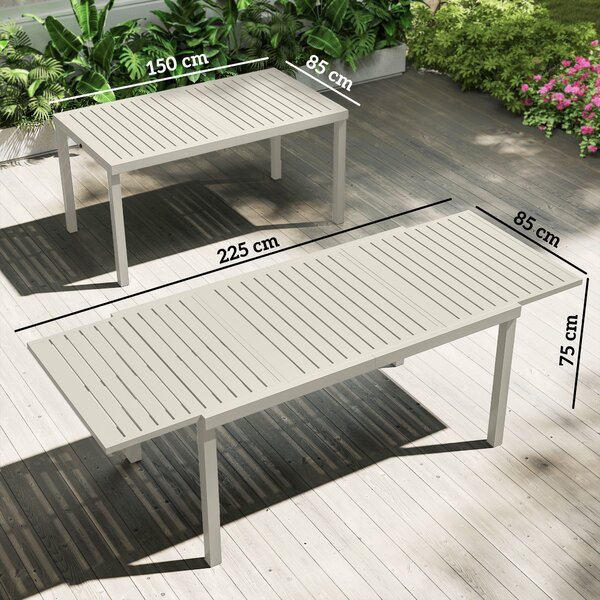 Outsunny rozkládací zahradní jídelní stůl — 150/225 × 85 × 75 cm, hliníková lamelová deska, pro 6–8 osob | Aosom