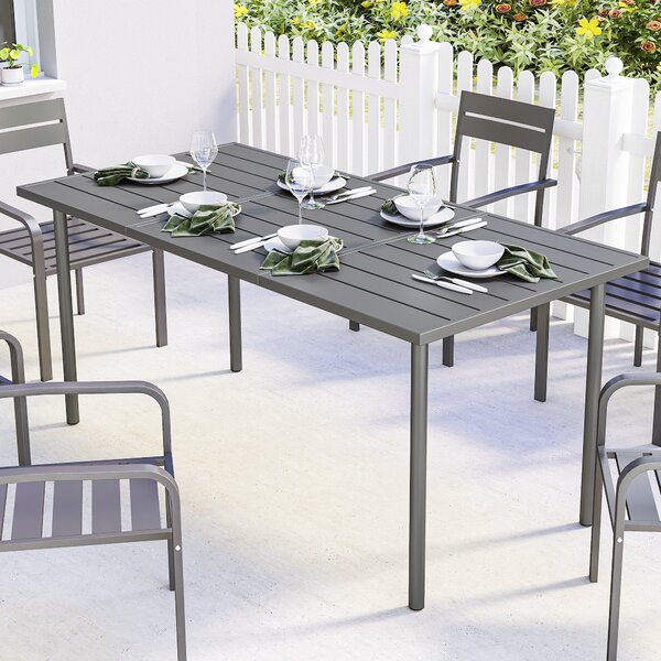 Outsunny venkovní jídelní stůl 165 × 80 cm pro 6 osob — laťová kovová deska, práškově lakovaný ocelový rám, odolný vůči povětrnostním vlivům | Aosom