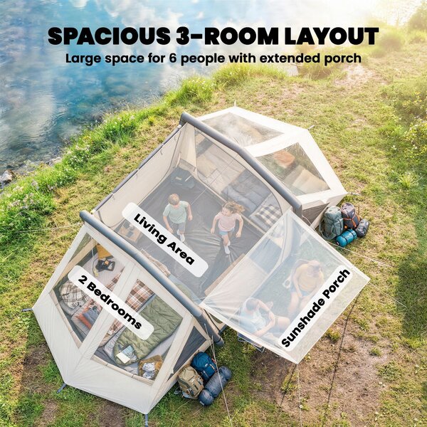 Outsunny nafukovací stan pro 6 osob — rychlé rozložení, zatemněné ložnice, 2 ložnice + společenská část, předsíň, fluorescenční kolíky, voděodolná oxf