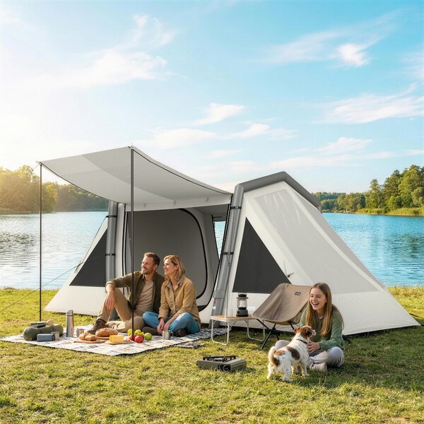 Outsunny nafukovací stan pro 6 osob — rychlé rozložení, zatemněné ložnice, 2 ložnice + společenská část, předsíň, fluorescenční kolíky, voděodolná oxf