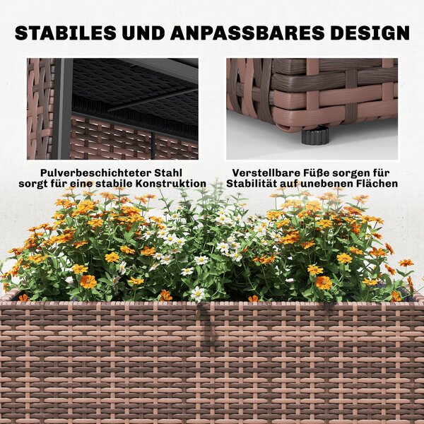Outsunny vyvýšený truhlík s nastavitelnými nožkami pro terasu a balkon — PE ratan, volně stojící ocelový rám s odnímatelnou vložkou, hnědý | Aosom