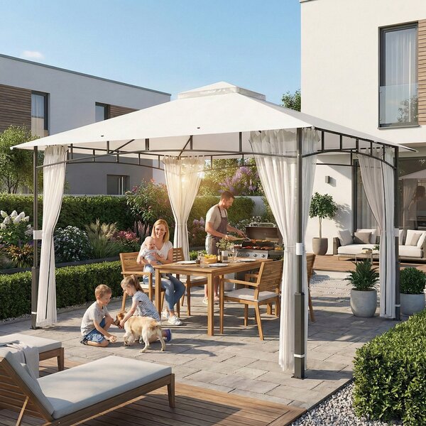 Outsunny pergola 3,6 × 3,0 m — voděodolný kovový zahradní pavilon s moskytiérou, dvojitou střechou, sloupky s dekorem dřeva, černá | Aosom