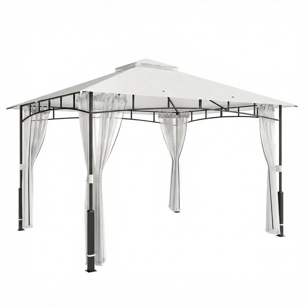 Outsunny pergola 3,6 × 3,0 m — voděodolný kovový zahradní pavilon s moskytiérou, dvojitou střechou, sloupky s dekorem dřeva, černá | Aosom