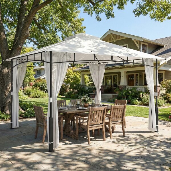 Outsunny pergola 3,6 × 3,0 m — voděodolný kovový zahradní pavilon s moskytiérou, dvojitou střechou, sloupky s dekorem dřeva, černá | Aosom