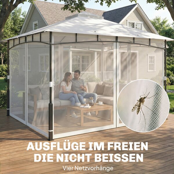 Outsunny pergola 3,6 × 3,0 m — voděodolný kovový zahradní pavilon s moskytiérou, dvojitou střechou, sloupky s dekorem dřeva, černá | Aosom