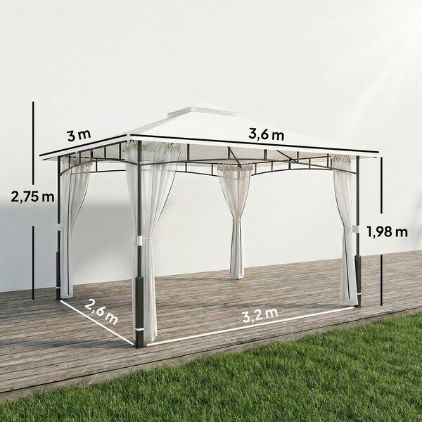 Outsunny pergola 3,6 × 3,0 m — voděodolný kovový zahradní pavilon s moskytiérou, dvojitou střechou, sloupky s dekorem dřeva, černá | Aosom
