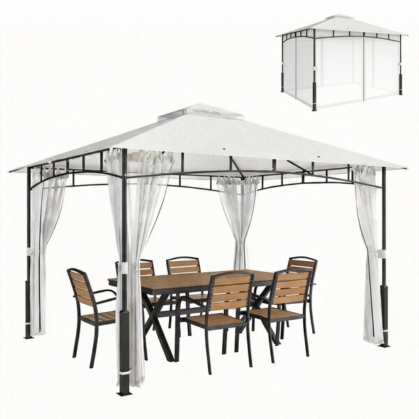 Outsunny pergola 3,6 × 3,0 m — voděodolný kovový zahradní pavilon s moskytiérou, dvojitou střechou, sloupky s dekorem dřeva, černá | Aosom