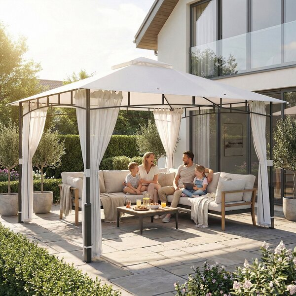 Outsunny pergola 3,6 × 3,0 m — voděodolný kovový zahradní pavilon s moskytiérou, dvojitou střechou, sloupky s dekorem dřeva, černá | Aosom