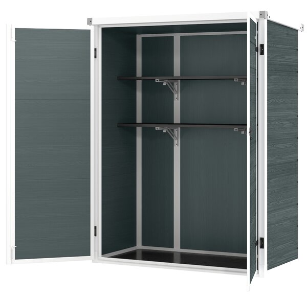 Outsunny zahradní domek 0,81 m² — 134 x 68,5 x 170 cm, plastový domek s integrovanou podlahou, 2 sklápěcí police, dvoukřídlé dveře se zámkem, šedý dře
