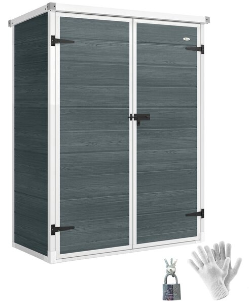 Outsunny zahradní domek 0,81 m² — 134 x 68,5 x 170 cm, plastový domek s integrovanou podlahou, 2 sklápěcí police, dvoukřídlé dveře se zámkem, šedý dře