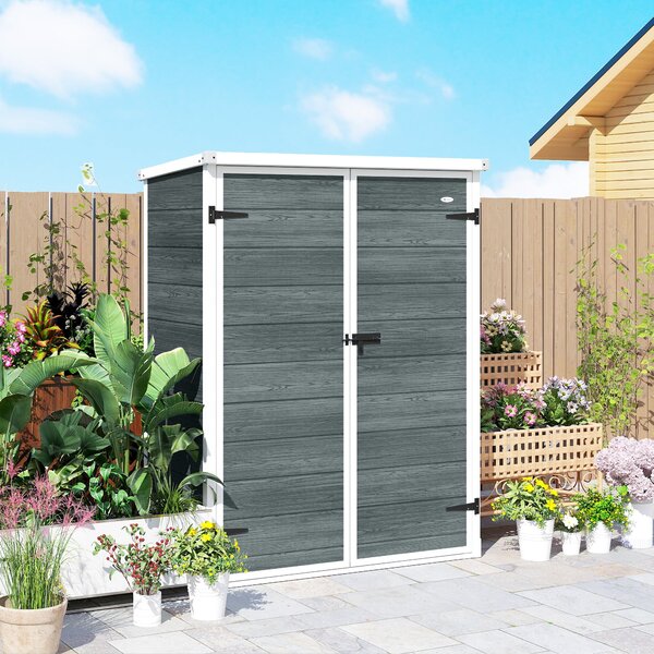 Outsunny zahradní domek 0,81 m² — 134 x 68,5 x 170 cm, plastový domek s integrovanou podlahou, 2 sklápěcí police, dvoukřídlé dveře se zámkem, šedý dře