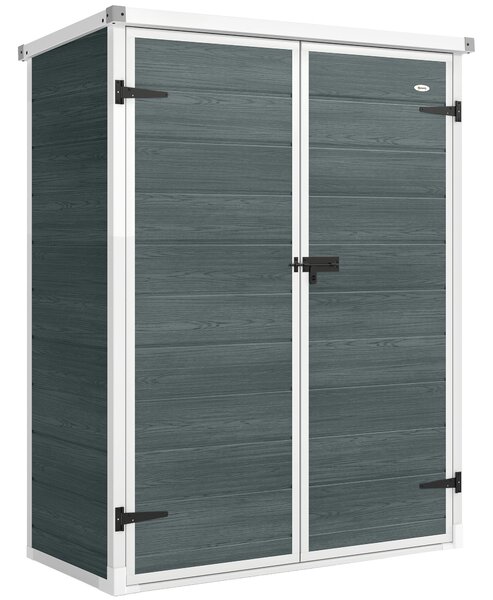 Outsunny zahradní domek 0,81 m² — 134 x 68,5 x 170 cm, plastový domek s integrovanou podlahou, 2 sklápěcí police, dvoukřídlé dveře se zámkem, šedý dře