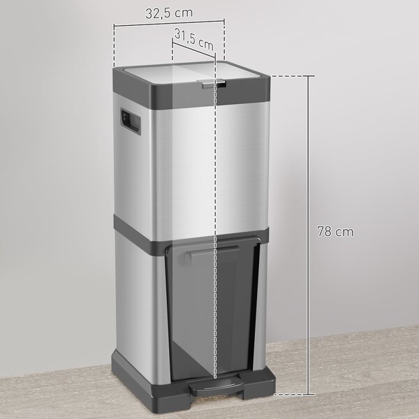 HOMCOM koš na odpad 20 L + 14 L — nerezový pedálový koš s měkkým dovíráním a vyjímatelnými kbelíky, stříbrný (32,5 x 31,5 x 78 cm) | Aosom