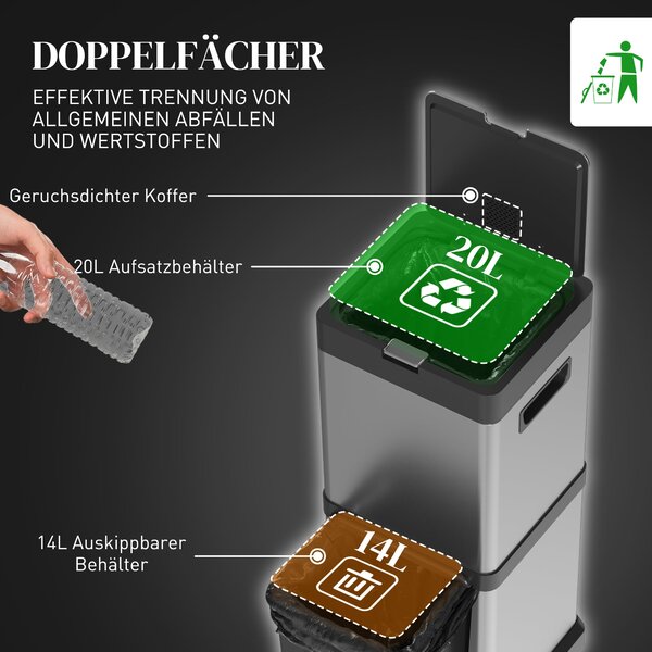 HOMCOM koš na odpad 20 L + 14 L — nerezový pedálový koš s měkkým dovíráním a vyjímatelnými kbelíky, stříbrný (32,5 x 31,5 x 78 cm) | Aosom
