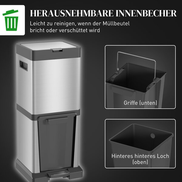 HOMCOM koš na odpad 20 L + 14 L — nerezový pedálový koš s měkkým dovíráním a vyjímatelnými kbelíky, stříbrný (32,5 x 31,5 x 78 cm) | Aosom