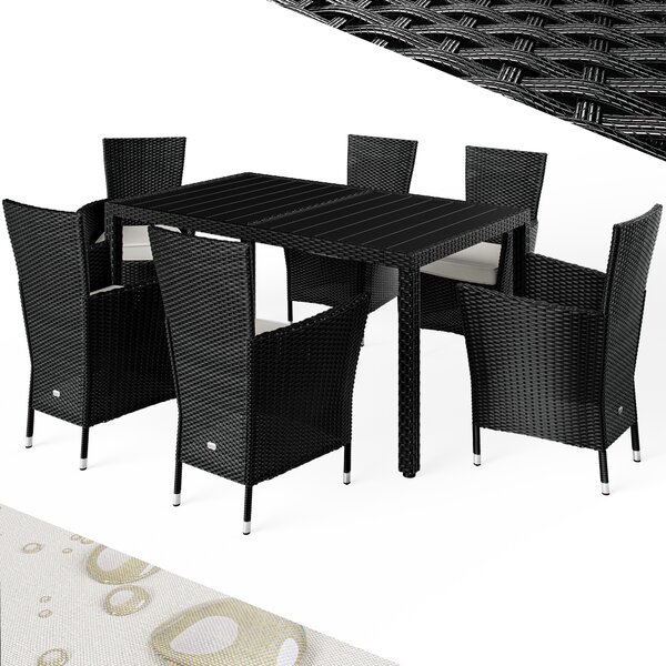 CASARIA® zahradní nábytek set 6 idlí vetn 7cm poltáe stl 150x90cm polyratan odolný proti povtrnostním vlivm stohovatelný venkovní balkon terasa 160kg nosnost moderní WPC erná