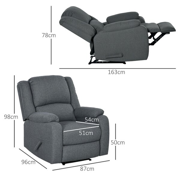 HOMCOM Manuální televizní křeslo s funkcí sklonu, vzhled lnu, křeslo s bočním madlem, podnožkou, nosnost až 150 kg, do obývacího pokoje, tmavě šedé |