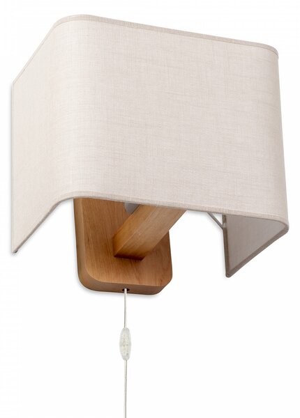 Light for home - Dřevěné nástěnné svítidlo s kabelem a vypínačem z přírodního buku s lněným béžovým stínidlem 60101 "HOTEL", 1x40W, E27, Přírodní buk