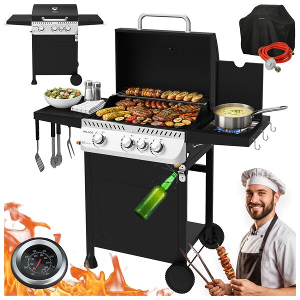 Velaco Plynový BBQ gril s boční plotýnkou, poličkou a krycí plachtou - APOLLO-B, 3+1 hořák