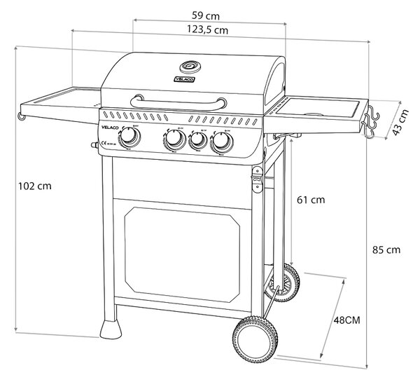 Velaco Plynový BBQ gril s boční plotýnkou, poličkou a krycí plachtou - APOLLO-B, 3+1 hořák