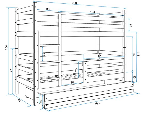 Vikio Dětská patrová postel 90x200 cm v dekoru borovice F1274