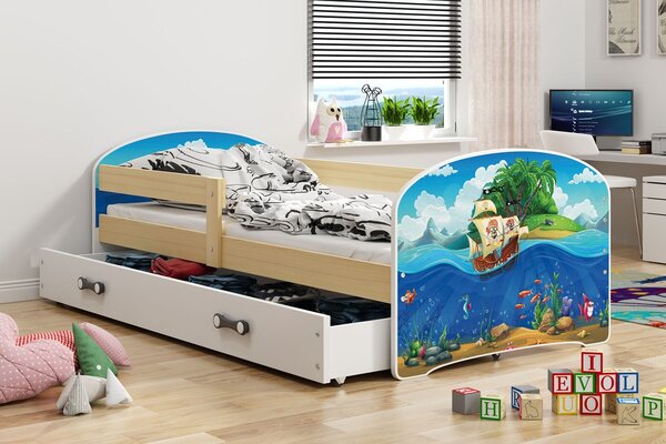 Dětská postel Luki - Přírodní (Piráti) 160x80 cm