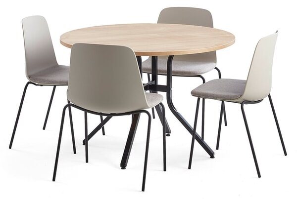 AJ Produkty Sestava VARIOUS + LANGFORD, stůl Ø1100x740 mm, dub + 4 židle, šedá