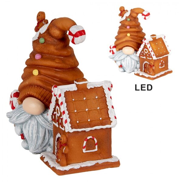 Hnědá plastová vánoční dekorace skřítek s LED světlem – 14x9x15 cm