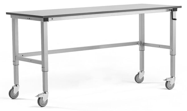 AJ Produkty Mobilní pracovní stůl MOTION, manuálně nastavitelná výška, 2000x600 mm, 150 kg, šedá