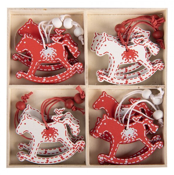 Sada 12 červených dřevěných vánočních ozdob houpací kůň – 13x13 cm