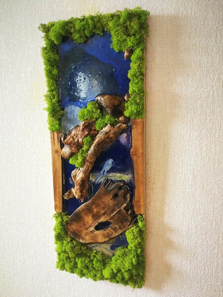 Mechový obraz v kombinaci s epoxidovou pryskyřicí 80cm x 30cm